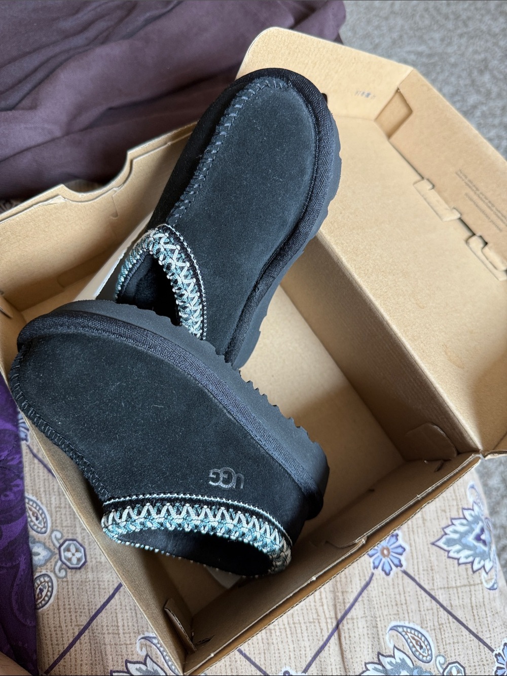 UGG Black Suede Ankle Booties with Teal and White Braided Trim